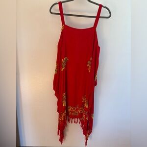 Pineapple Moon Red Floral Bhatik Cold-Shoulder Hawaiian Midi Dress OS